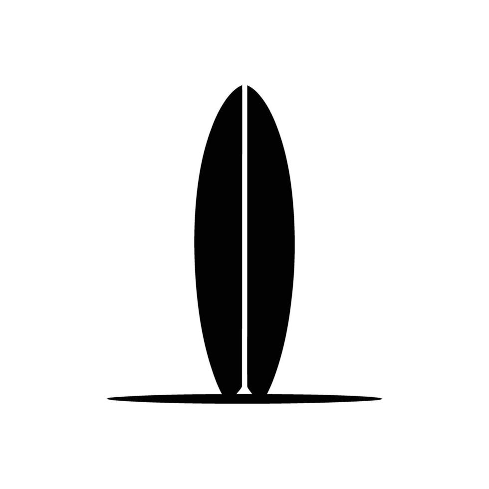 Sleek Black Surfboard Silhouette Standing Upright on a Dark Shadow, White Background vector