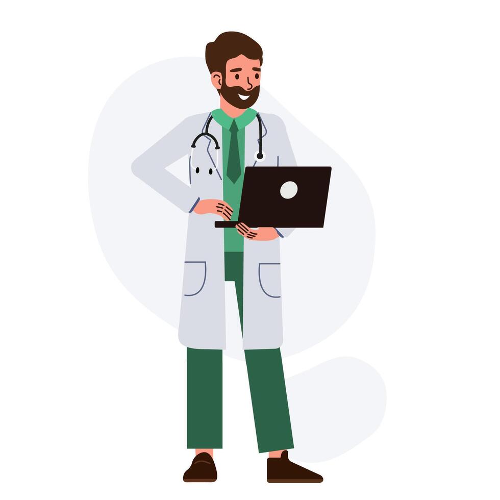 A male doctor in a medical gown stands with a laptop on a white background. Modern illustration in flat style. Online medical consultation and support. Online doctor. Healthcare services, Ask doctor. vector