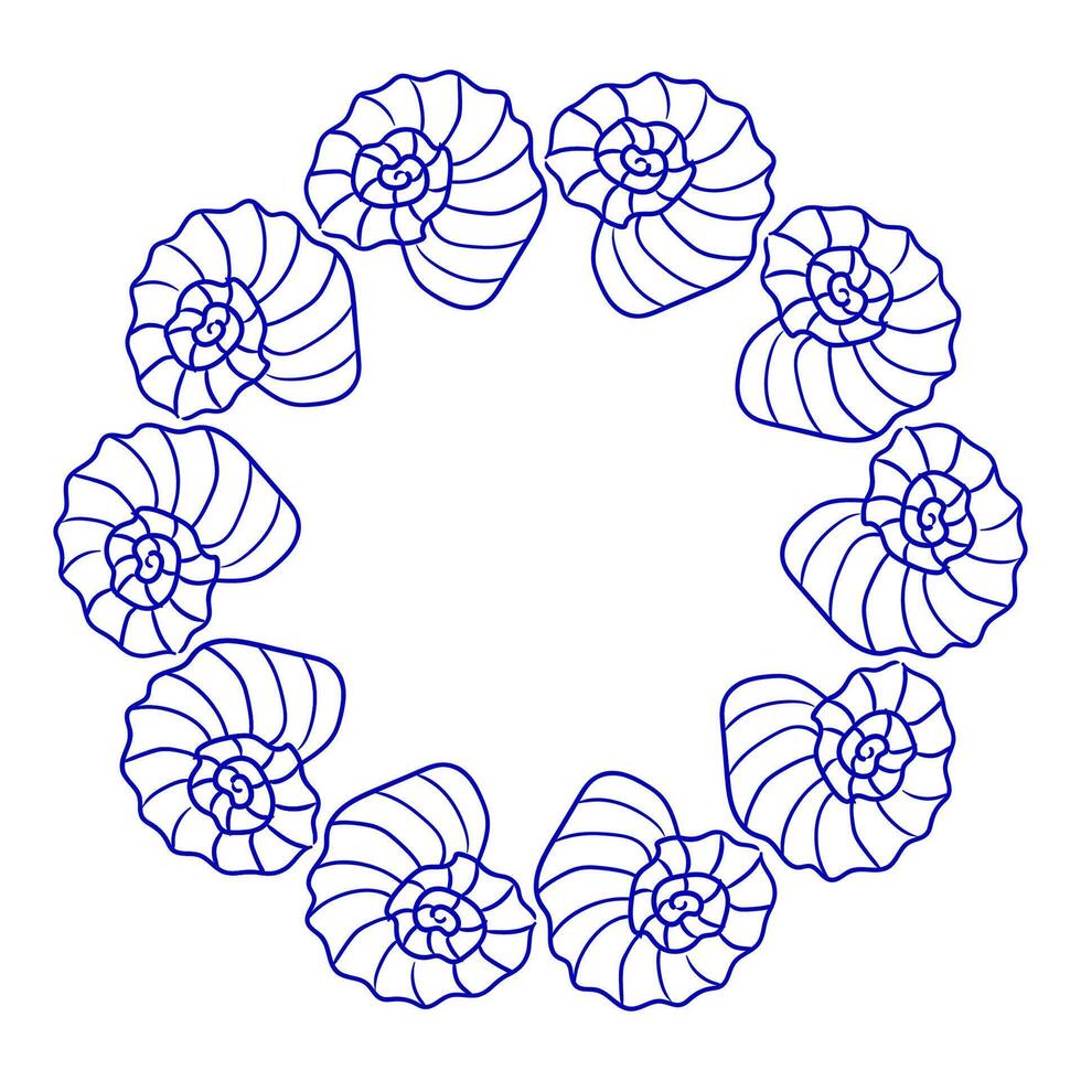 Circular pattern of finely detailed nautilus shells in blue lines on a plain background vector