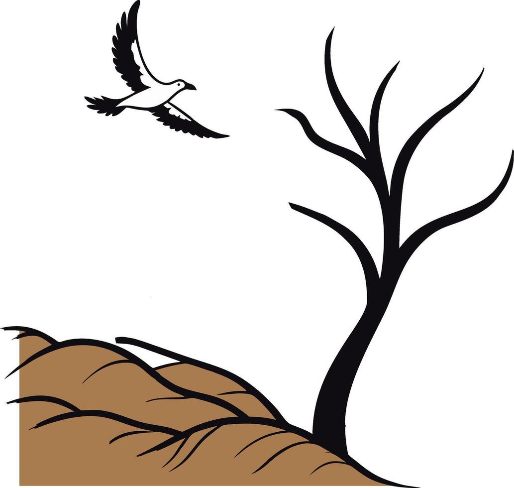 Night Landscape with Bird Silhouette Hill and Bare Tree vector