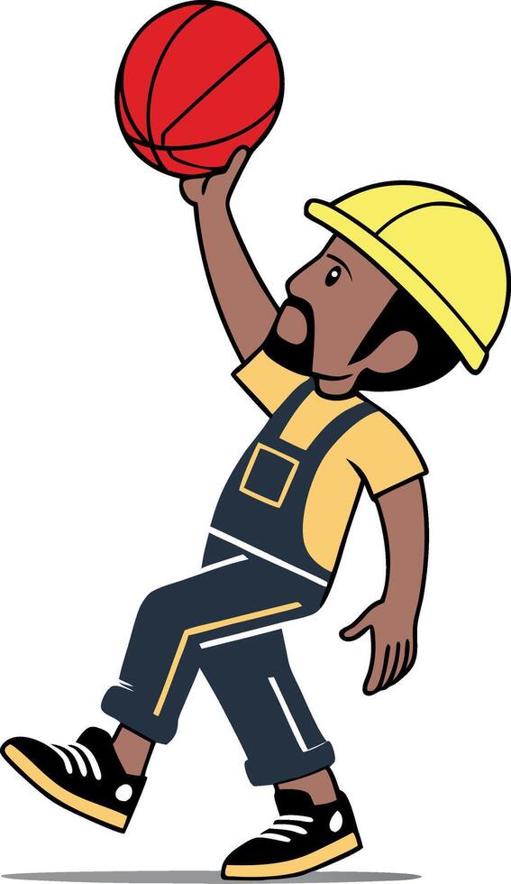 Construction Worker Playing Basketball During His Short Break Time vector