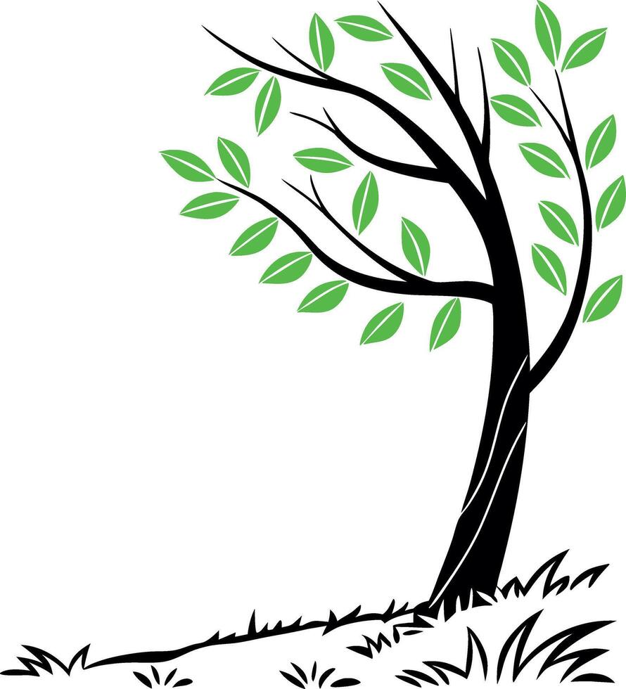 Green Leaves and Wind Bending a Tree in Silhouette Style vector