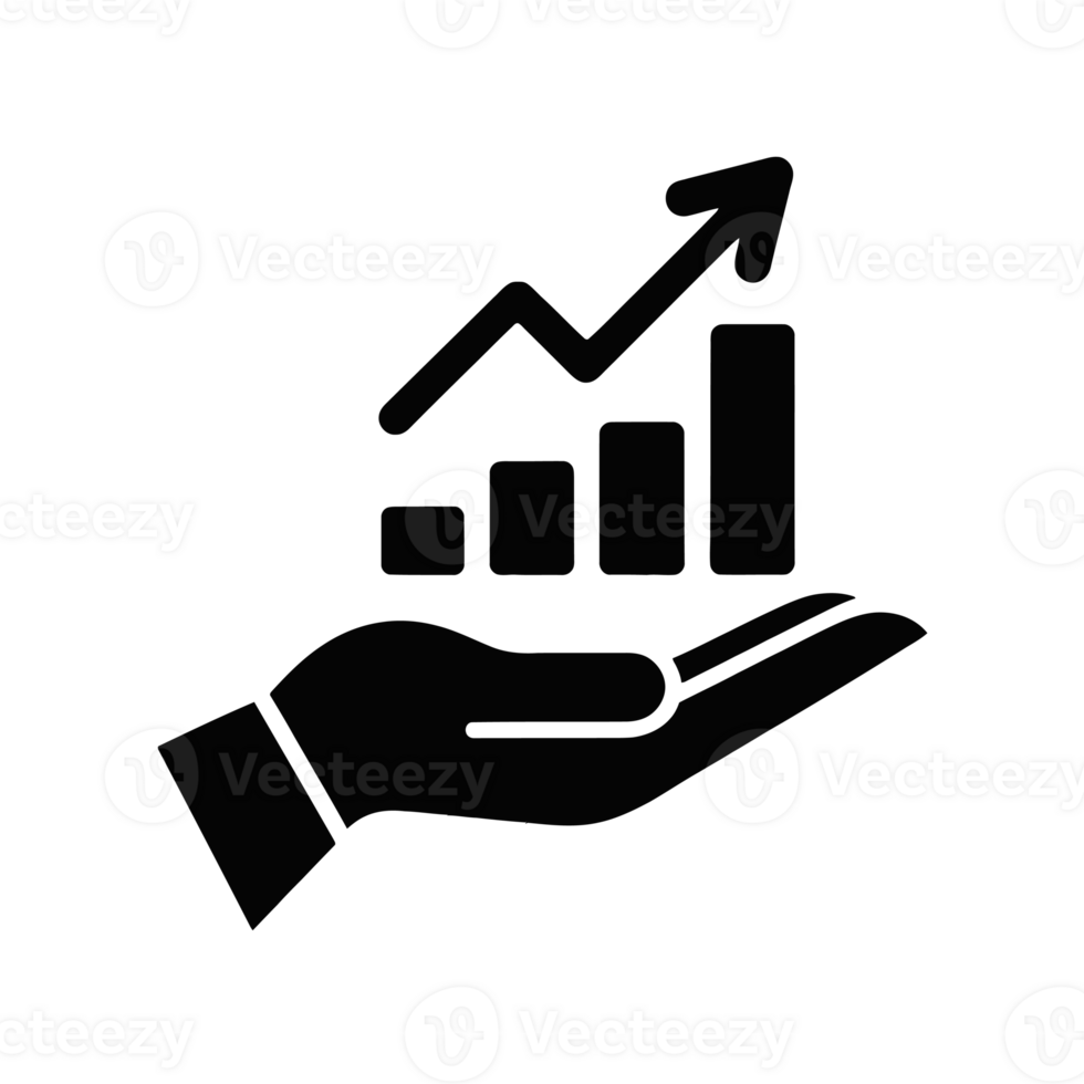 A black silhouette of a hand supports a rising bar graph with an upward arrow, symbolizing growth and success cutouts png