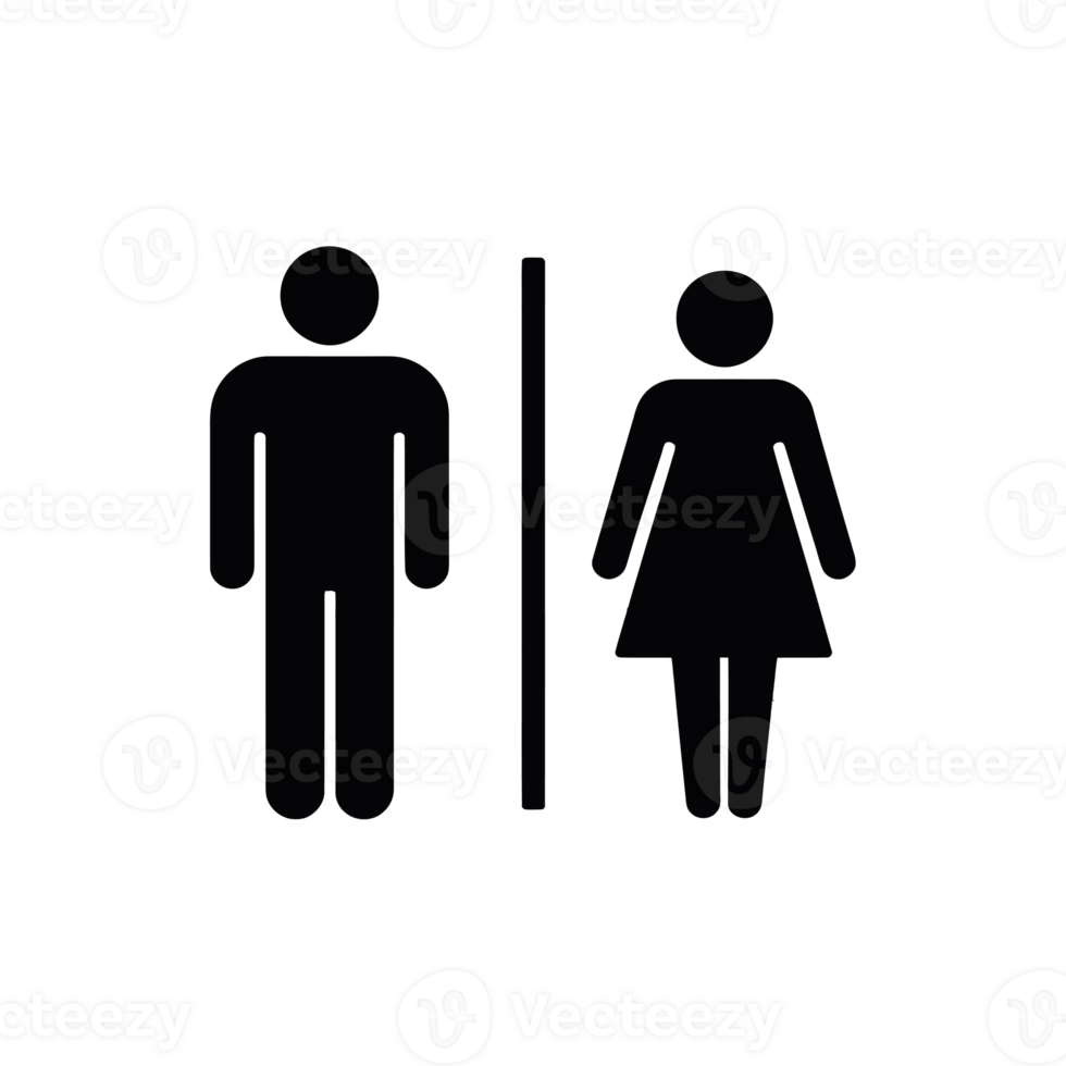 Silhouettes of a male and female figure are separated by a vertical line, creating a symmetrical design often used for restroom signage. cutouts png