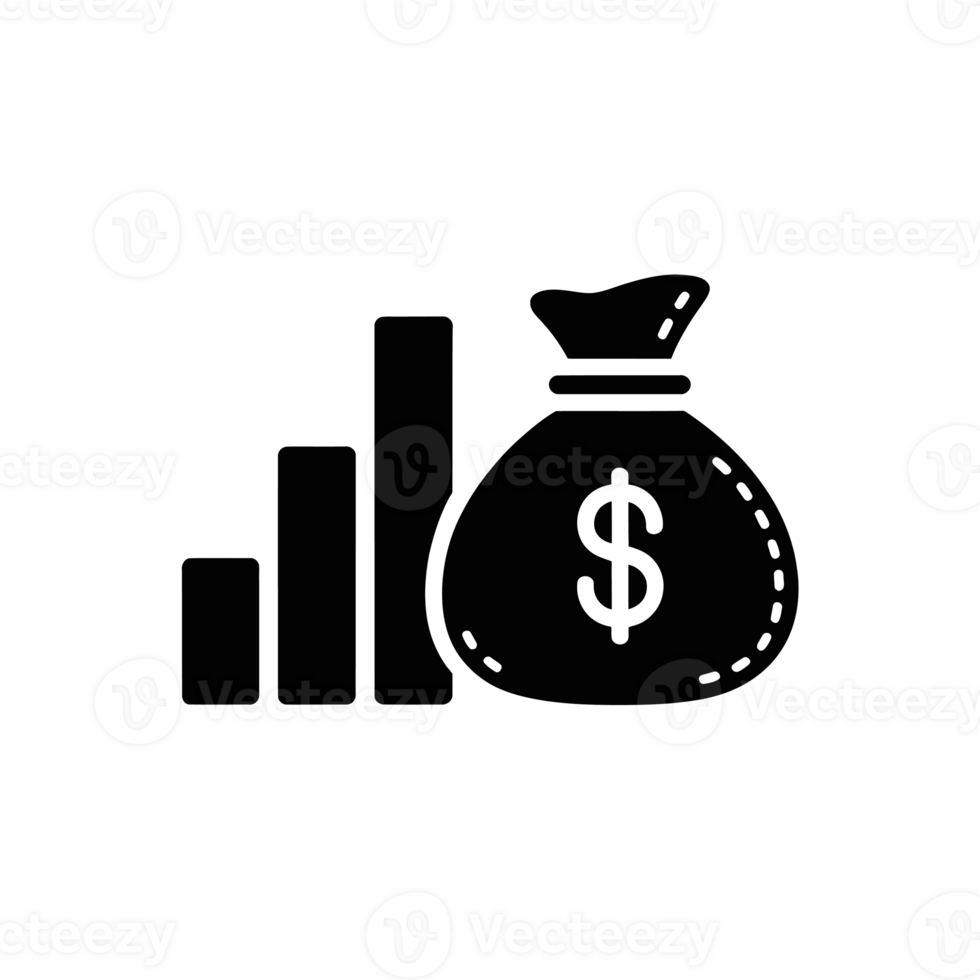 A dollar sign bag is positioned beside ascending bar graphs, symbolizing financial growth or investment success. cutouts png