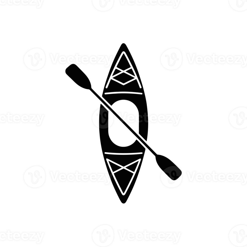 A black silhouette of a kayak is positioned vertically with a paddle crossing diagonally over it. cutouts png