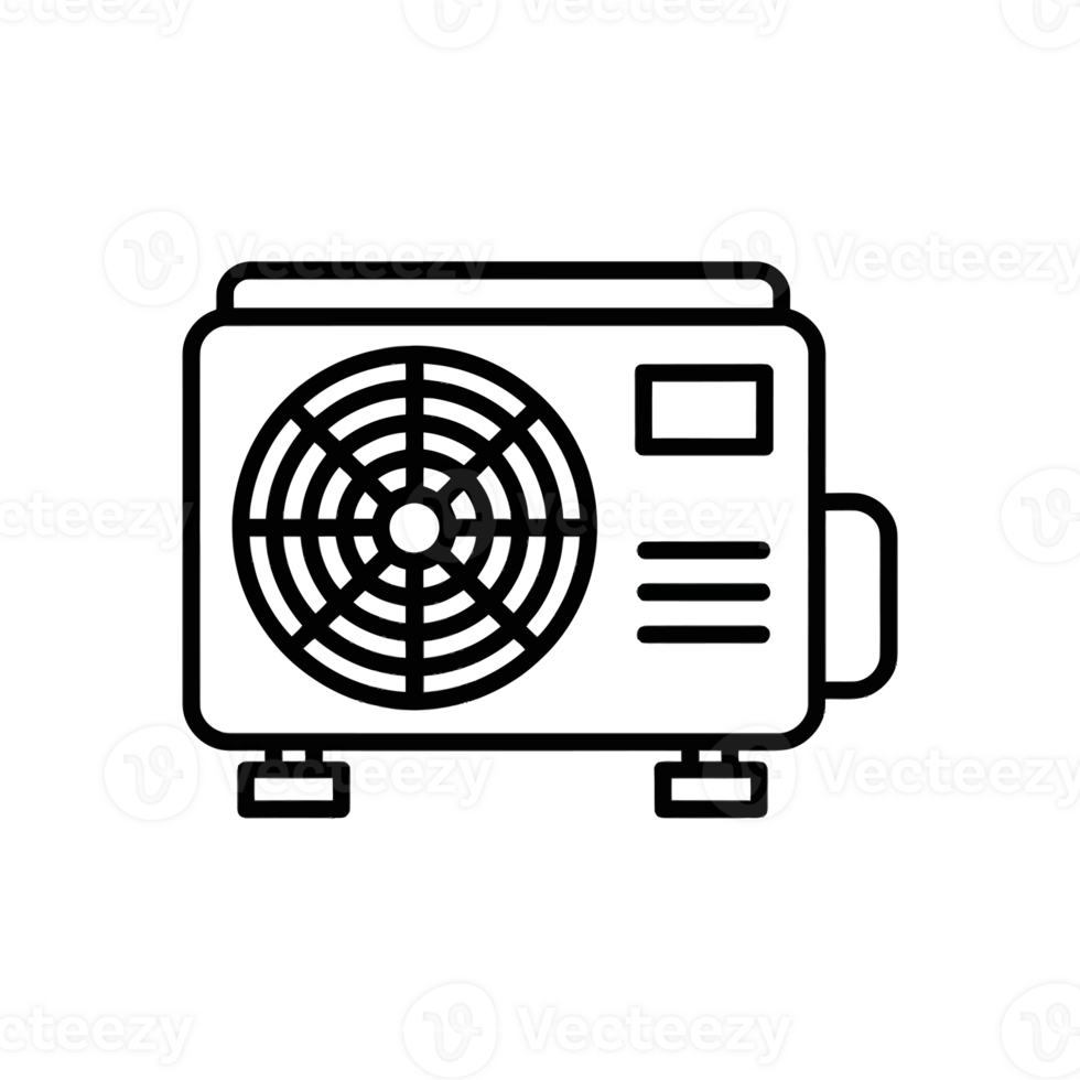A simple black line drawing features an air conditioning unit with a circular fan and various vents cutouts png