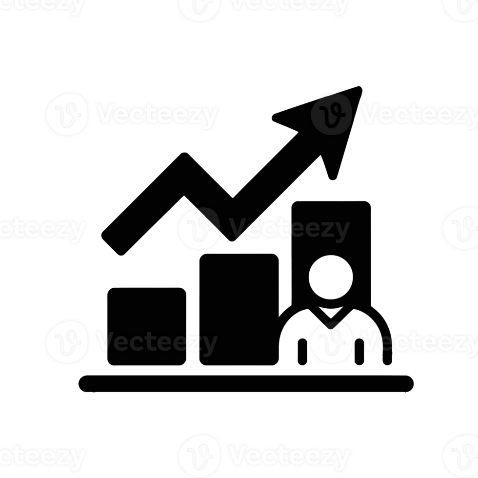 A silhouette of a person stands next to a bar chart with an upward trending arrow, symbolizing growth or success cutouts png