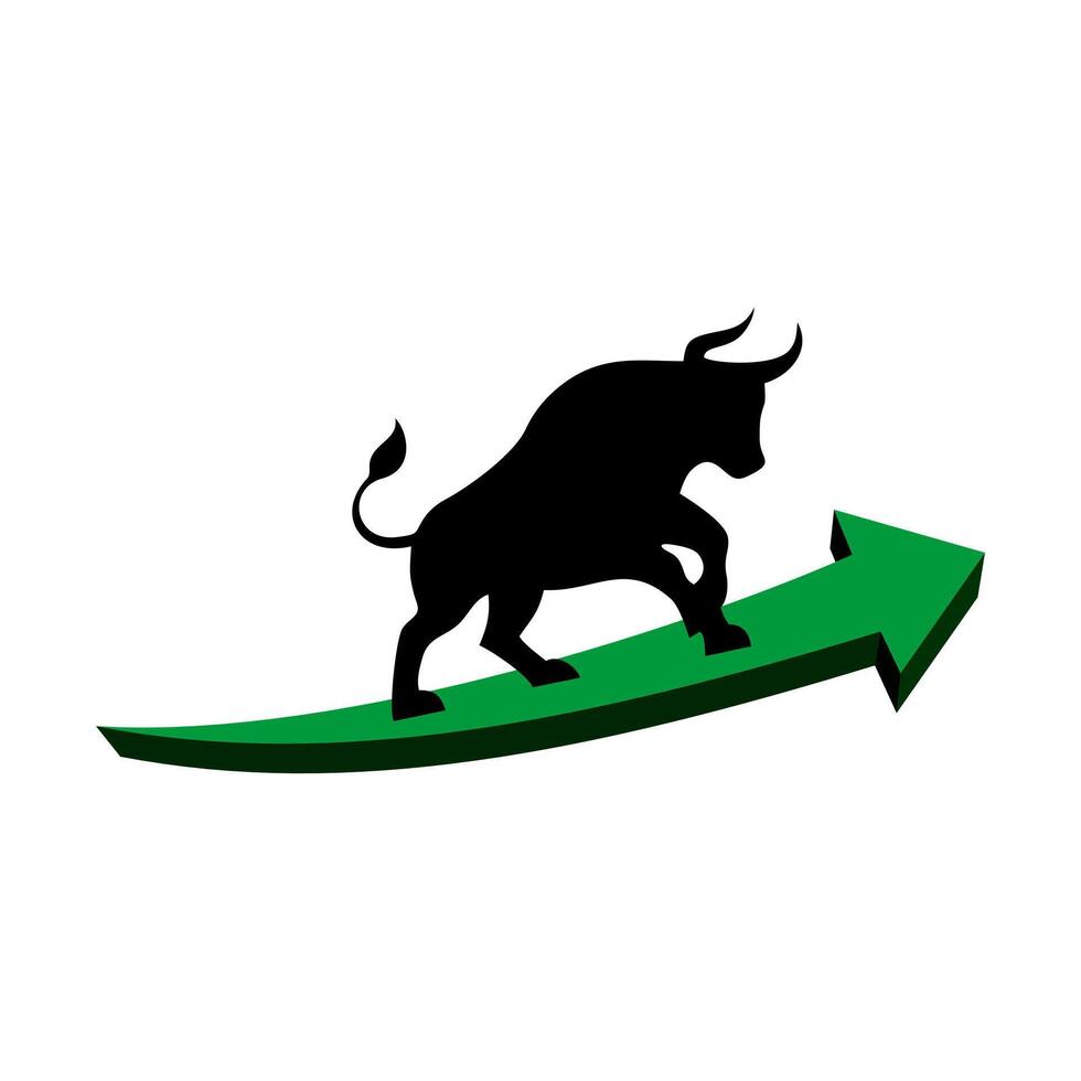 Bull surfing on green 3d arrow icon, concept of bullish or uptrend stock market. vector