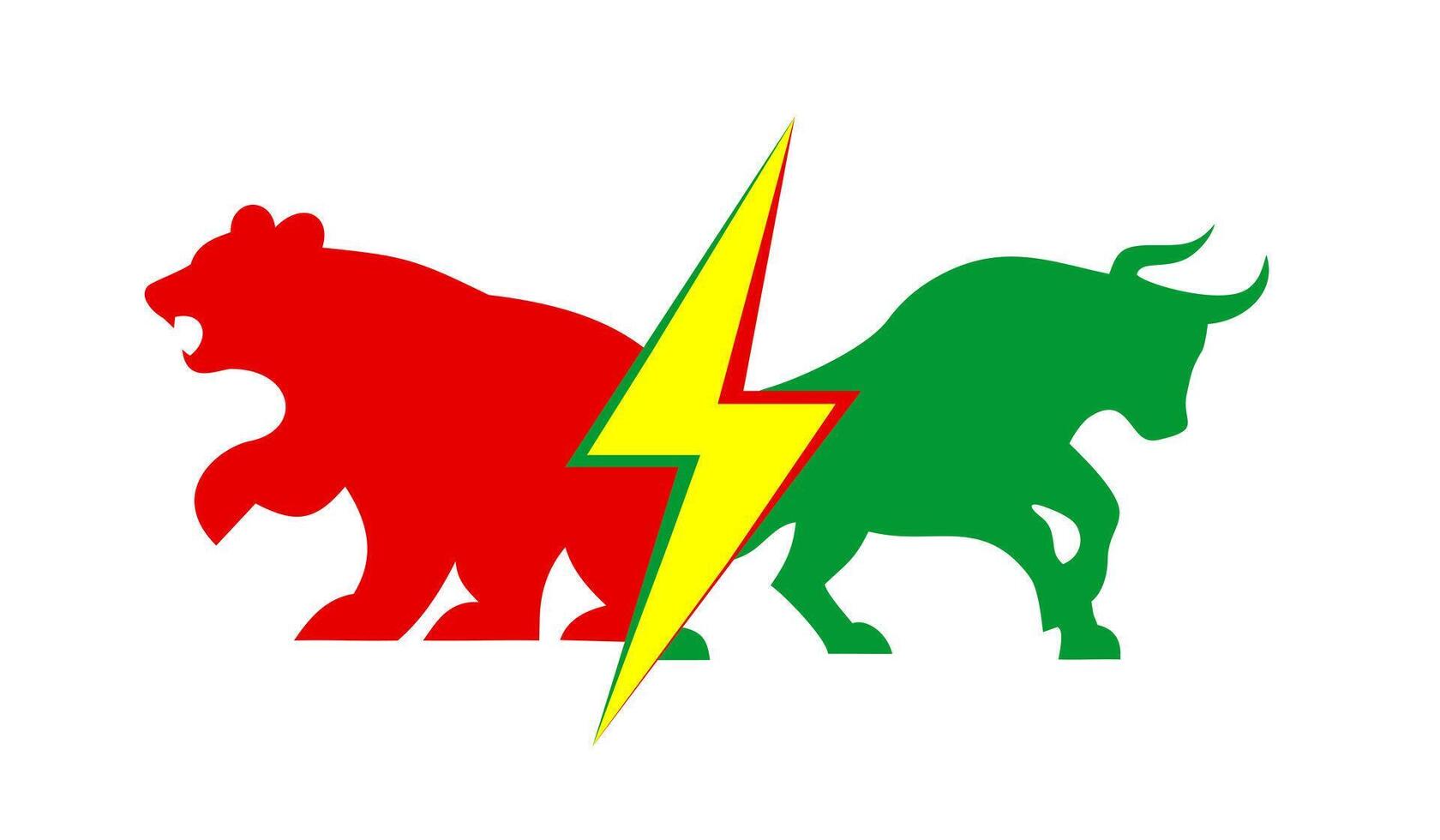 Green Bull and Red Bear Separated by Lightning , Stock Market Volatility Icon Concept. vector