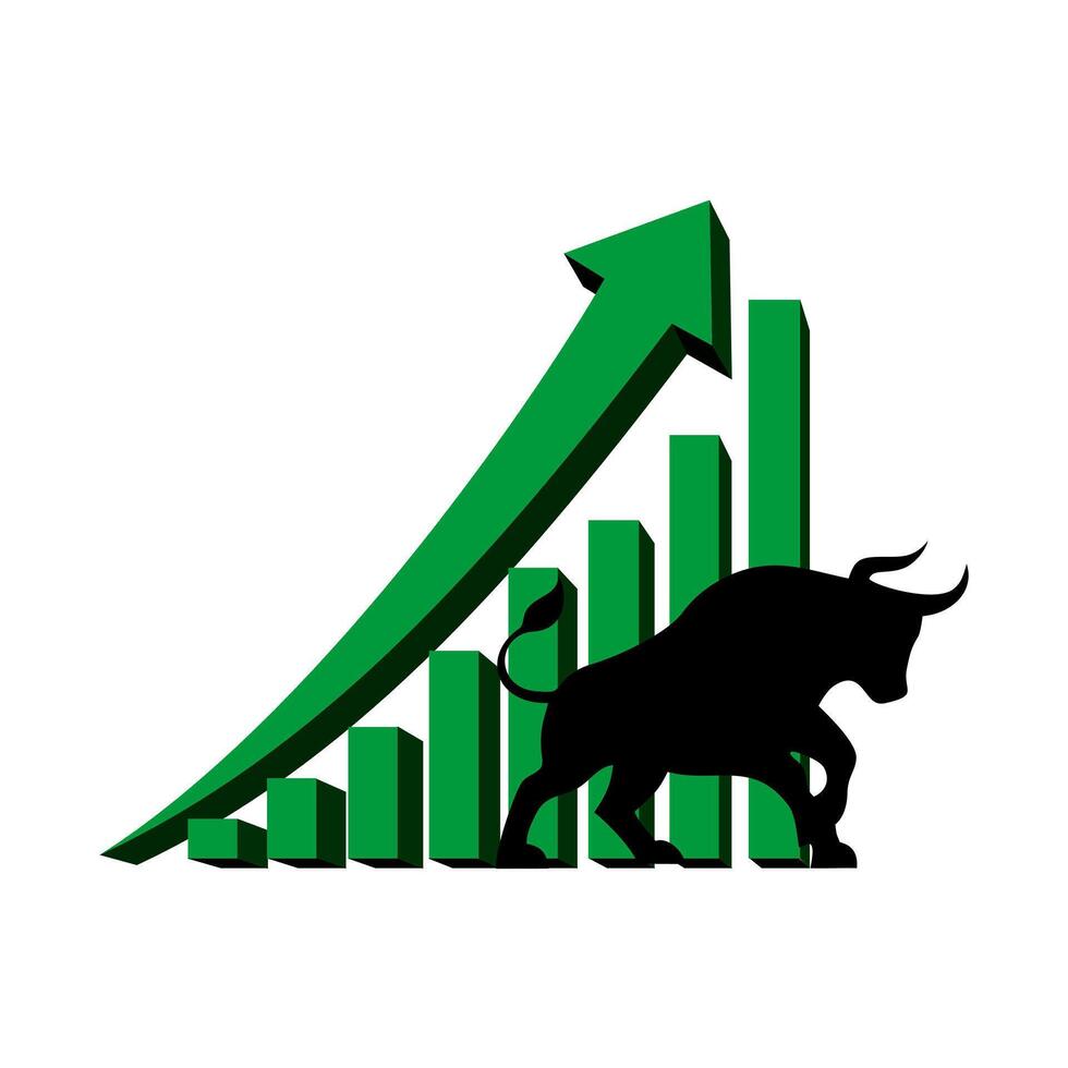 Bull with 3d rising green arrow, stock market uptrend or bullish illustration. vector