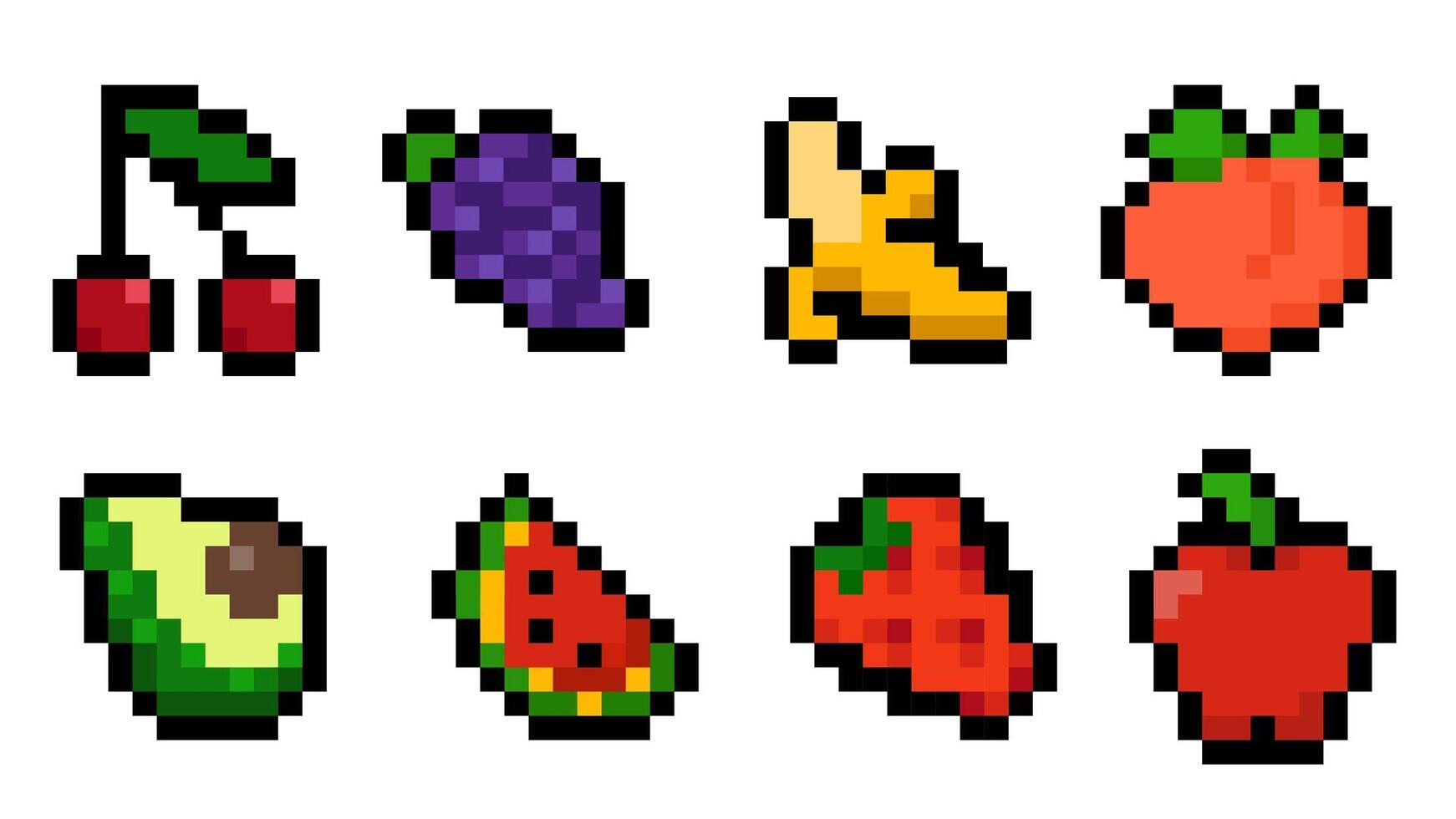 Set of pixelated fruits in retro style isolated on white background vector