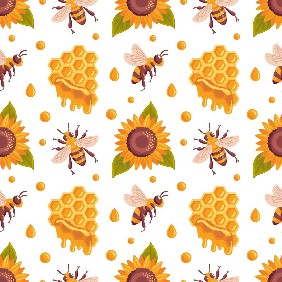 Seamless pattern featuring bees, honeycombs, and sunflowers, creating a vibrant and cheerful design. This illustration captures the essence of nature and the harmony between pollinators and flowers. vector