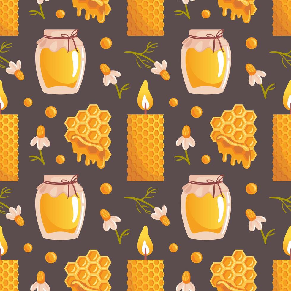 A seamless pattern featuring candles surrounded by honeycomb textures. The design combines warm, inviting colors and intricate details, perfect for holiday themes and cozy atmospheres vector