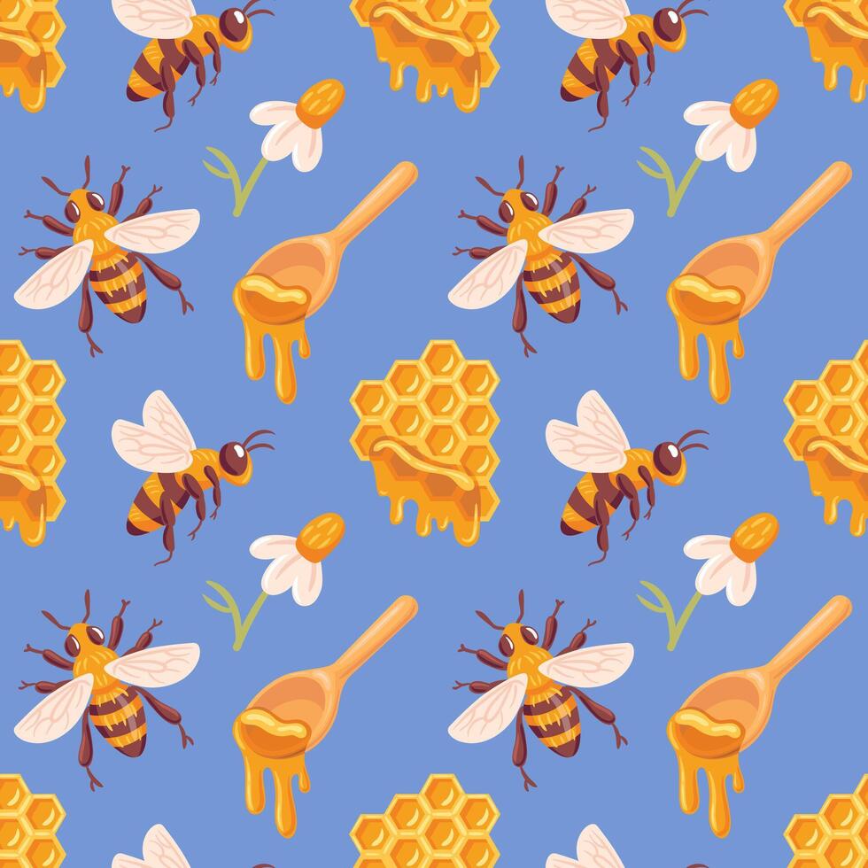 illustration features adorable bees buzzing around golden honeycombs, accompanied by a wooden honey dipper dripping with sweet honey. The design celebrates the beauty of nature, the joy of beekeeping. vector