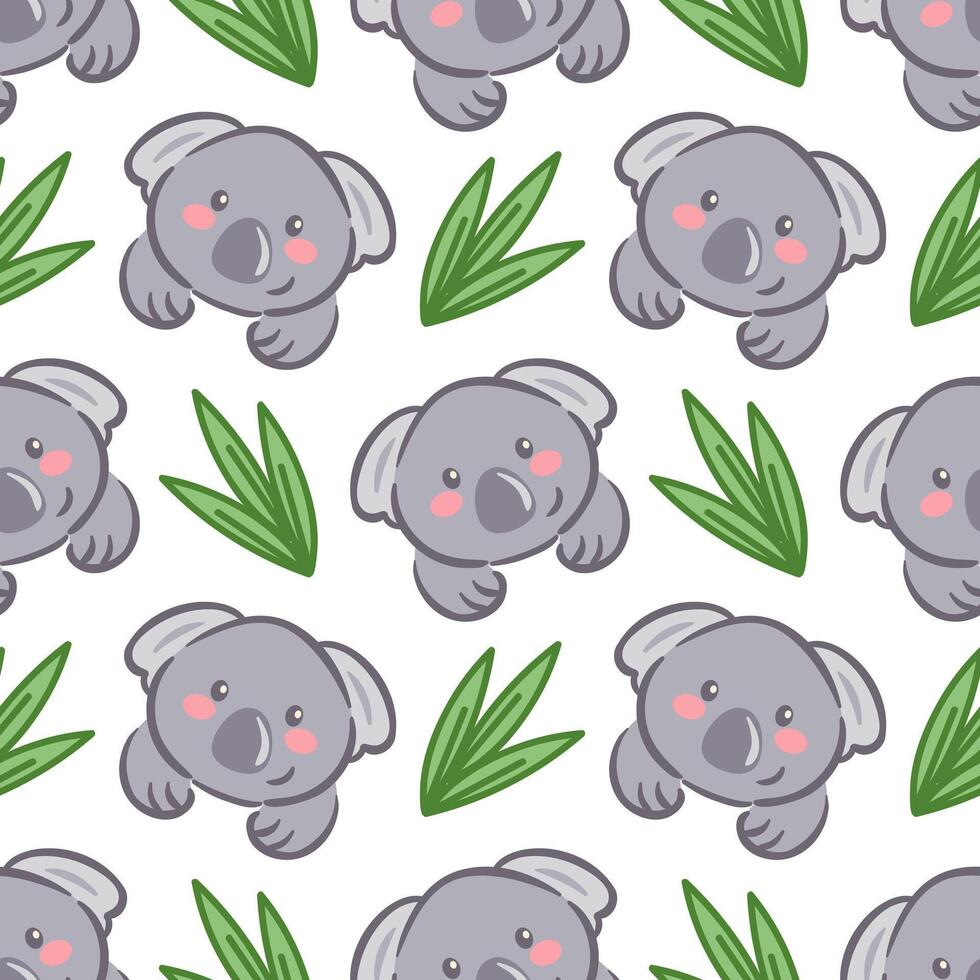 A seamless pattern featuring adorable kawaii koala faces against a white background, complemented by eucalyptus leaves. This charming design brings a playful and vibrant touch vector