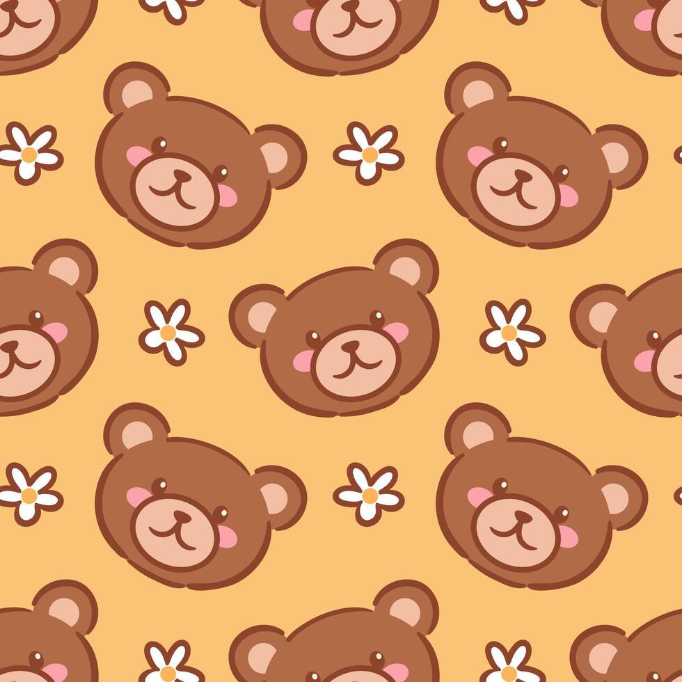 seamless pattern featuring adorable kawaii bear faces on a warm yellow background adorned with daisies. playful design brings a sense of joy and warmth, perfect for products aimed at children themes. vector