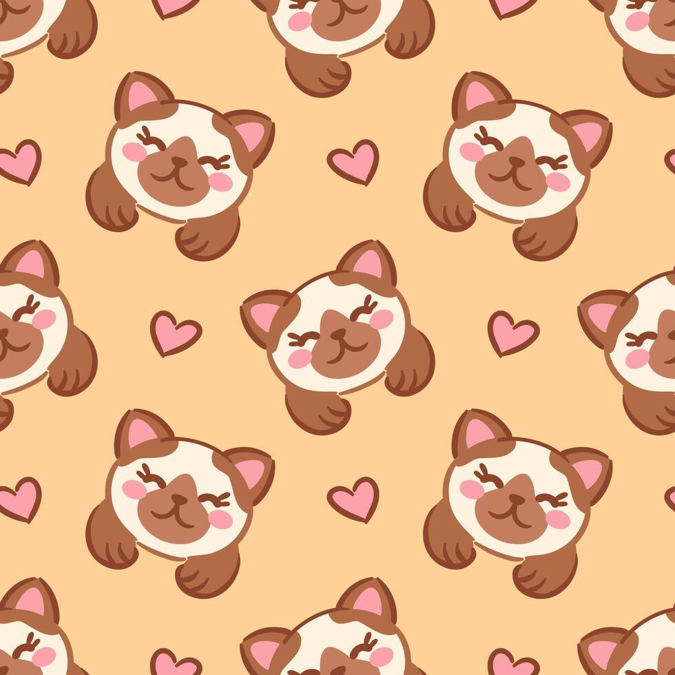 seamless pattern showcasing charming kawaii kitten faces on a soft beige background, accented with cute hearts. This delightful design adds a playful touch, for childrens products or cheerful decor. vector
