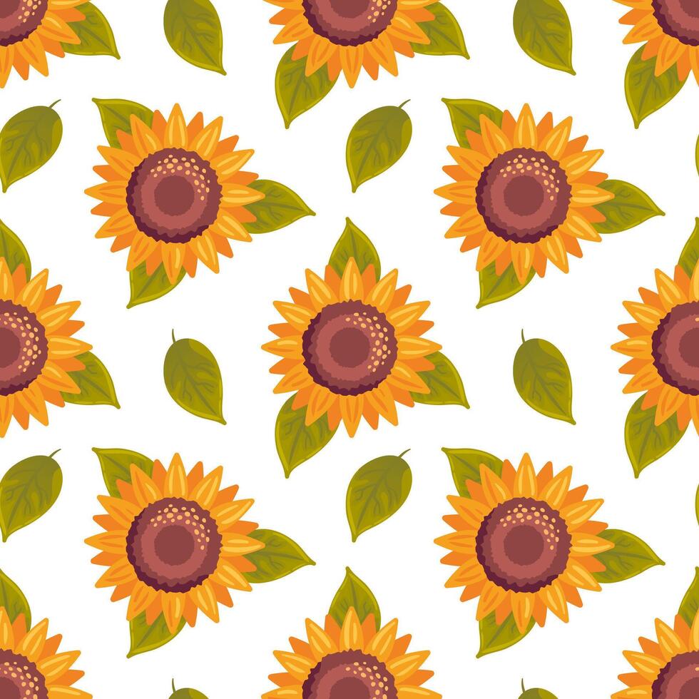 seamless pattern features vibrant sunflowers in full bloom, showcasing their cheerful yellow petals against . The design captures the essence of summer, bringing joy and brightness to any project. vector