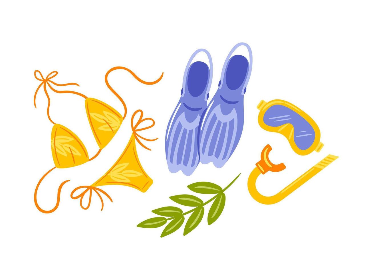 This illustration showcases a vibrant bikini, colorful fins, a diving mask, and a snorkel, perfect for beach and underwater adventures. The playful design evokes a sense of summer fun and vector