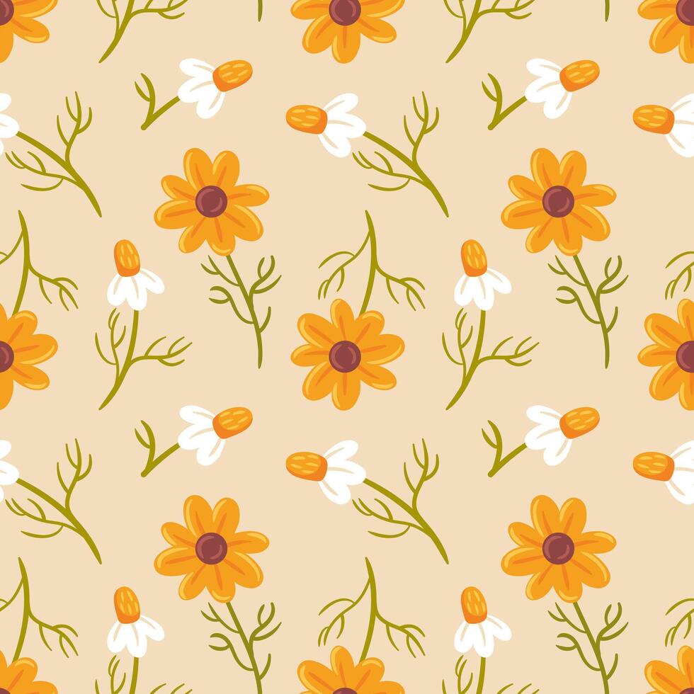 seamless cottagecore pattern features delicate daisies, vibrant yellow flowers, set against a soft background. charming design captures a whimsical, nature-inspired aesthetic for various projects. vector