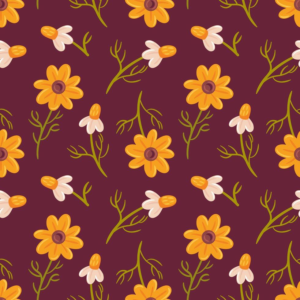 A seamless cottagecore pattern featuring delicate daisies and vibrant yellow flowers against a rich dark background, evoking a whimsical, nostalgic atmosphere perfect for nature-inspired designs. vector