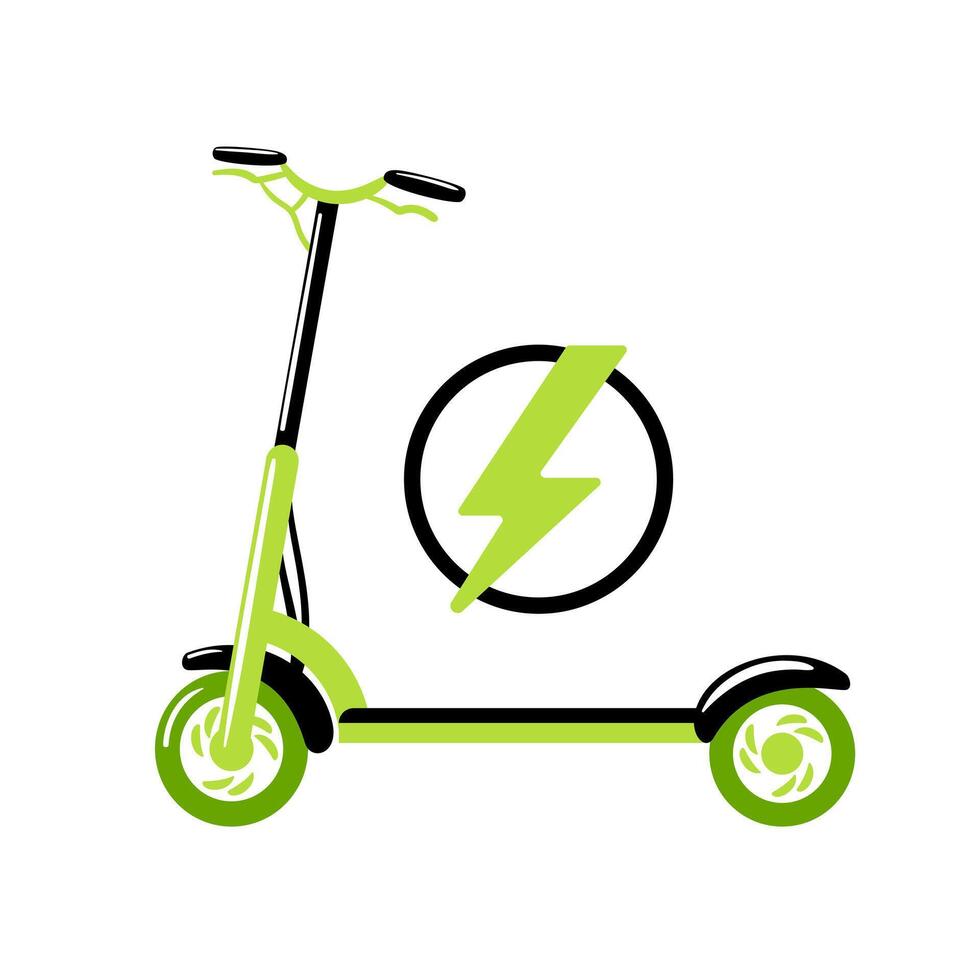 illustration showcases an electric scooter, depicted as a striking green lightning bolt, symbolizing eco-friendly transportation. It emphasizes sustainability and modern urban mobility, vibrant vector