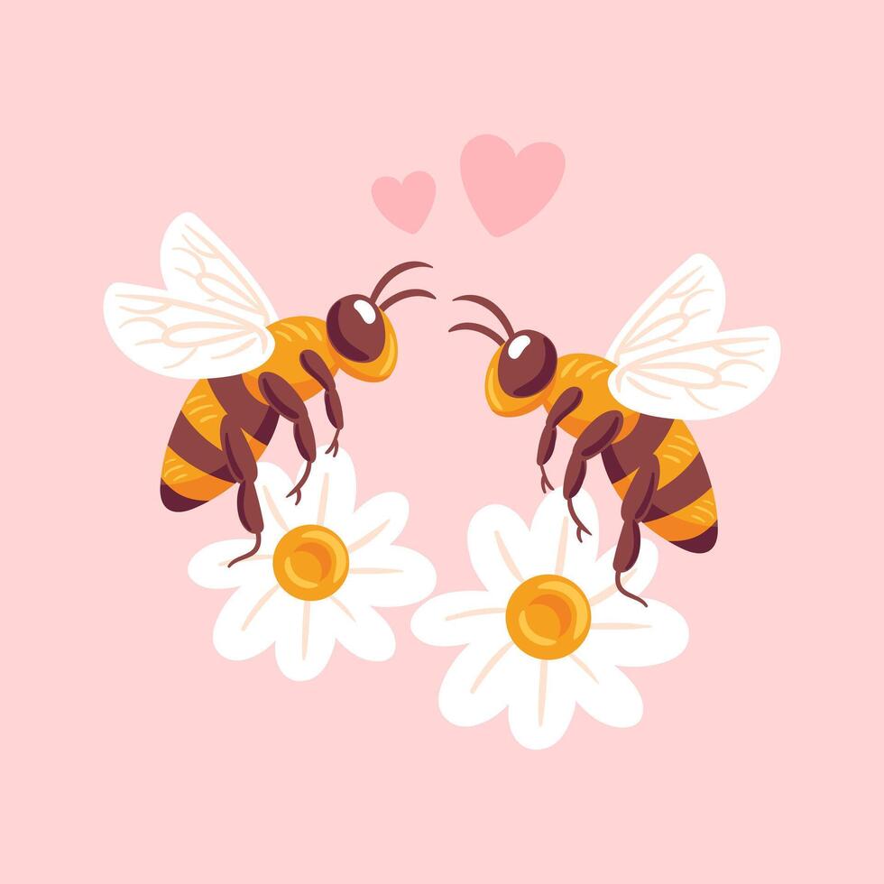 A delightful illustration featuring cheerful bees buzzing around charming daisies, with heart shapes. This design radiates love and happiness, perfect for romantic or nature-themed projects vector