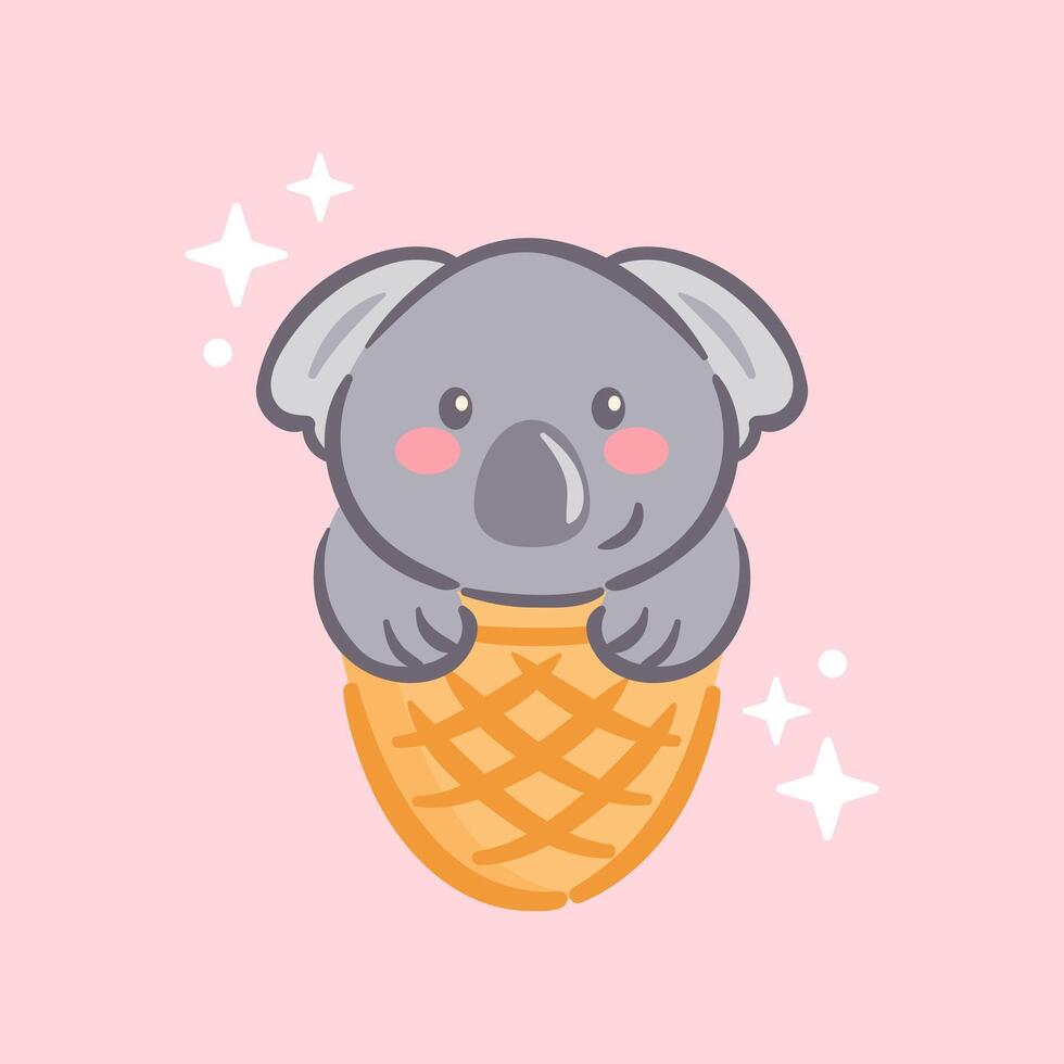 A cute funny kawaii koala in a waffle cone filled with ice cream. Its playful expression and delightful features make this illustration charming and appealing, perfect for bright and cheerful designs. vector