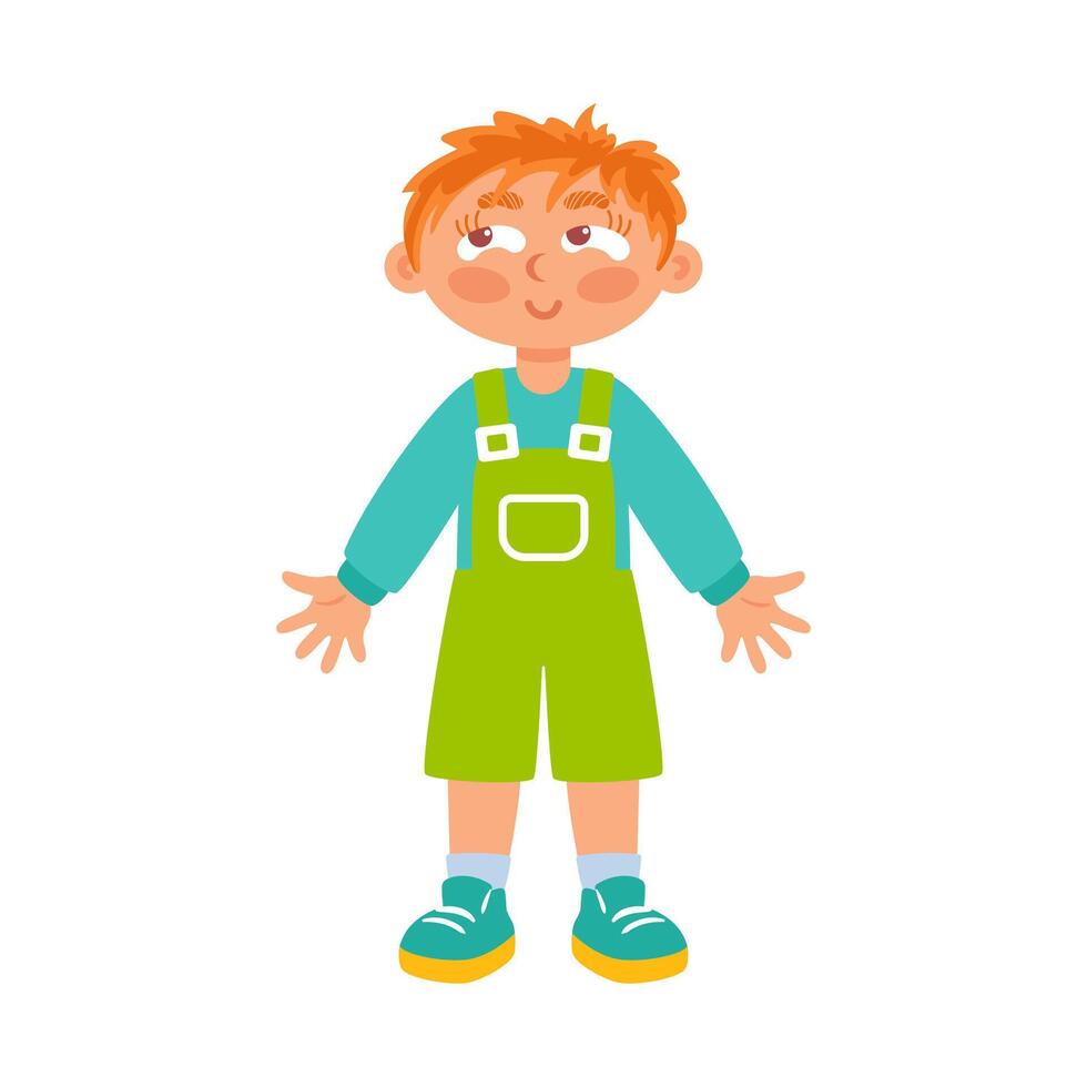 A cheerful red-haired boy in a bright green overall plays joyfully. His lively smile and playful stance radiate happiness and enthusiasm, capturing the essence of carefree childhood adventures. vector