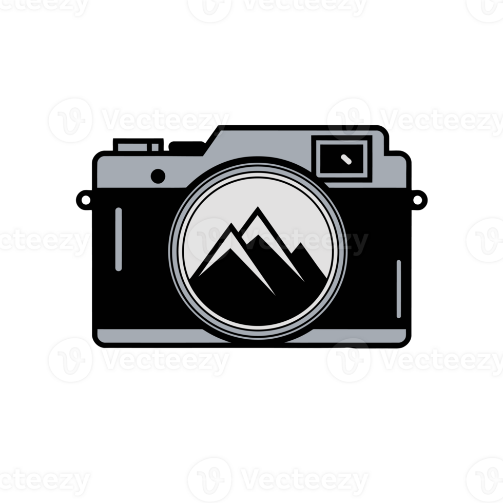 A stylized camera design features a mountain silhouette inside the lens, symbolizing photography and nature. cutouts png