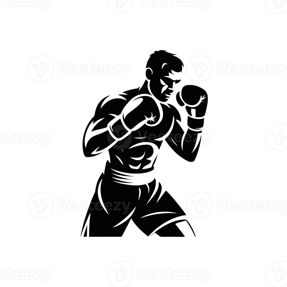 A stylized black silhouette shows a boxer in a fighting stance, emphasizing muscle definition and movement. cutouts png