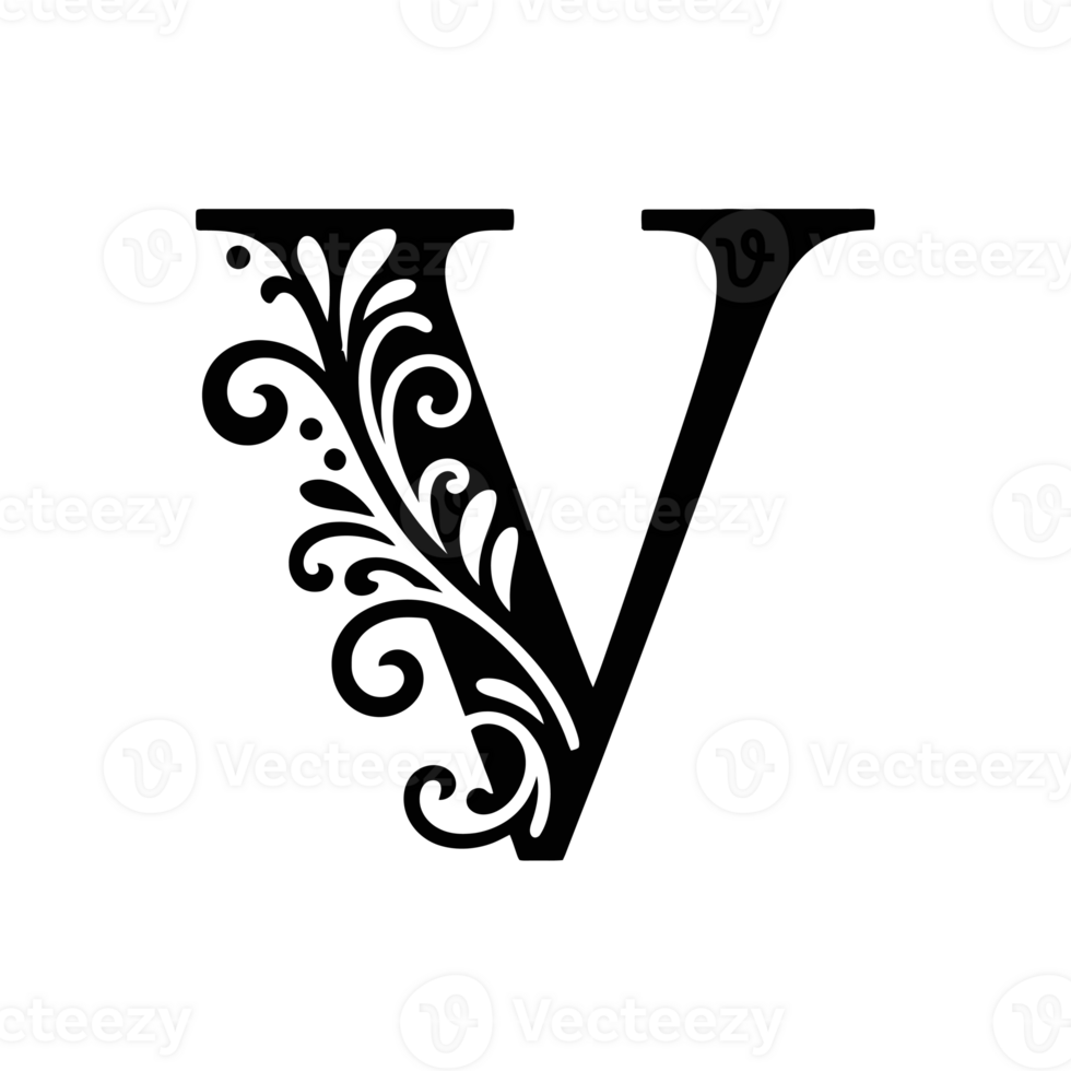 An ornate letter V is adorned with intricate floral patterns, giving it an elegant and sophisticated appearance. cutouts png