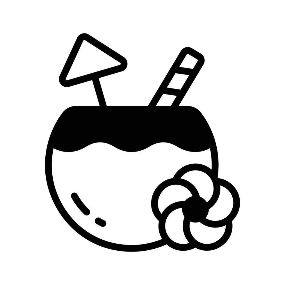 A glyph style icon showing coconut drink with straw. vector