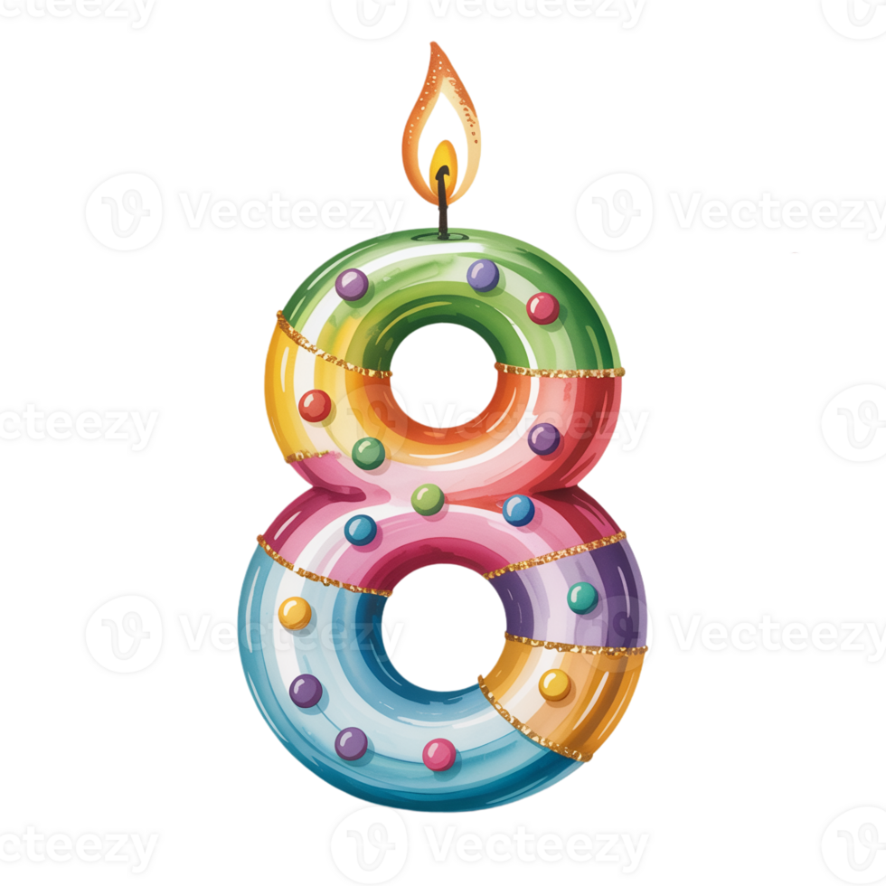 A colorful candle shaped like the number 8 is decorated with stripes and small spheres. cutouts png