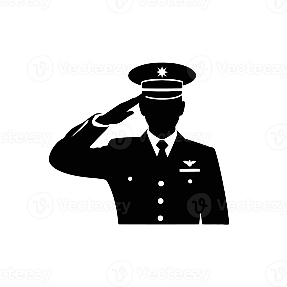 A silhouetted figure of a person in military uniform is depicted saluting, conveying a sense of respect and duty cutouts png