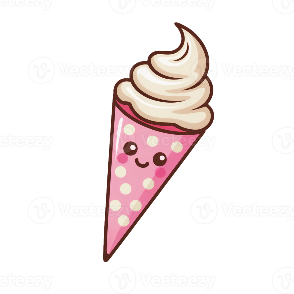 A cheerful ice cream cone character features a smiling face with rosy cheeks on a pink, polka-dotted cone. cutouts png
