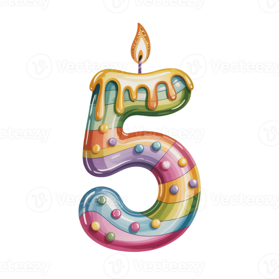 A colorful candle shaped like the number 5 is decorated with stripes and small spheres. cutouts png
