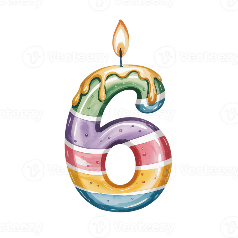 A colorful candle shaped like the number 6 is decorated with stripes and small spheres. cutouts png
