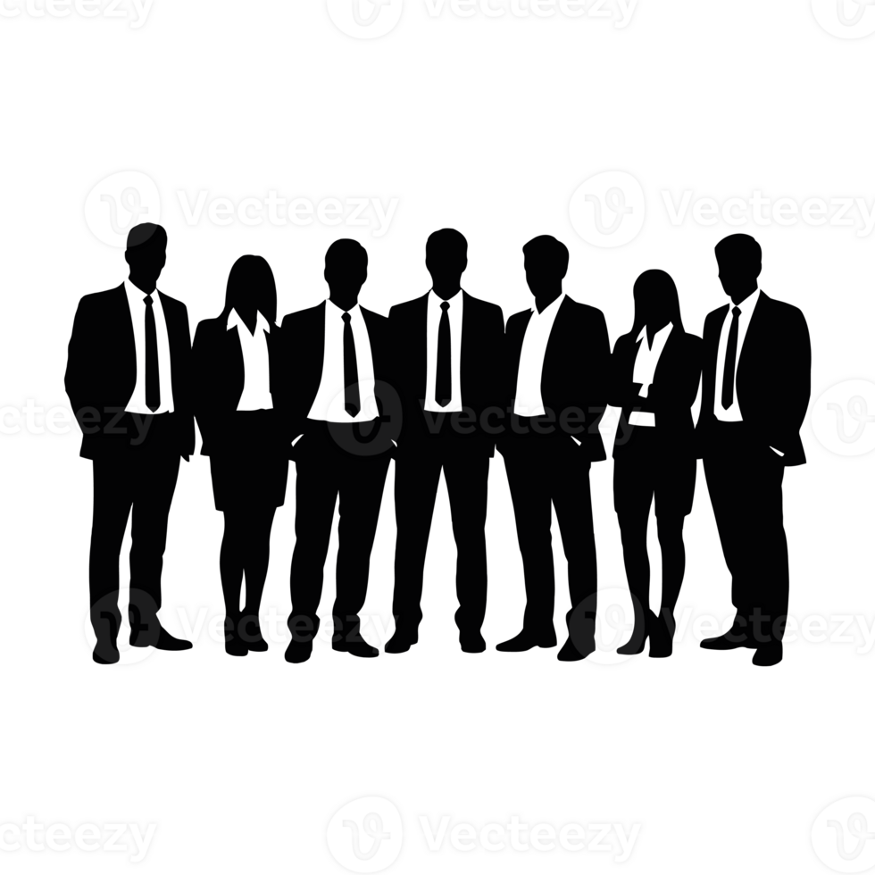 A group of professionals is depicted in silhouette, dressed in formal business attire. cutouts png