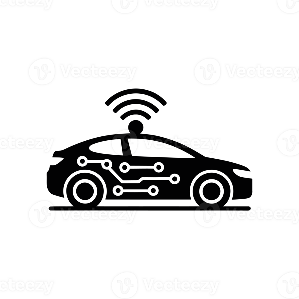 A stylized black silhouette of a car features circuit-like patterns on its side, symbolizing connectivity and technology integration cutouts png