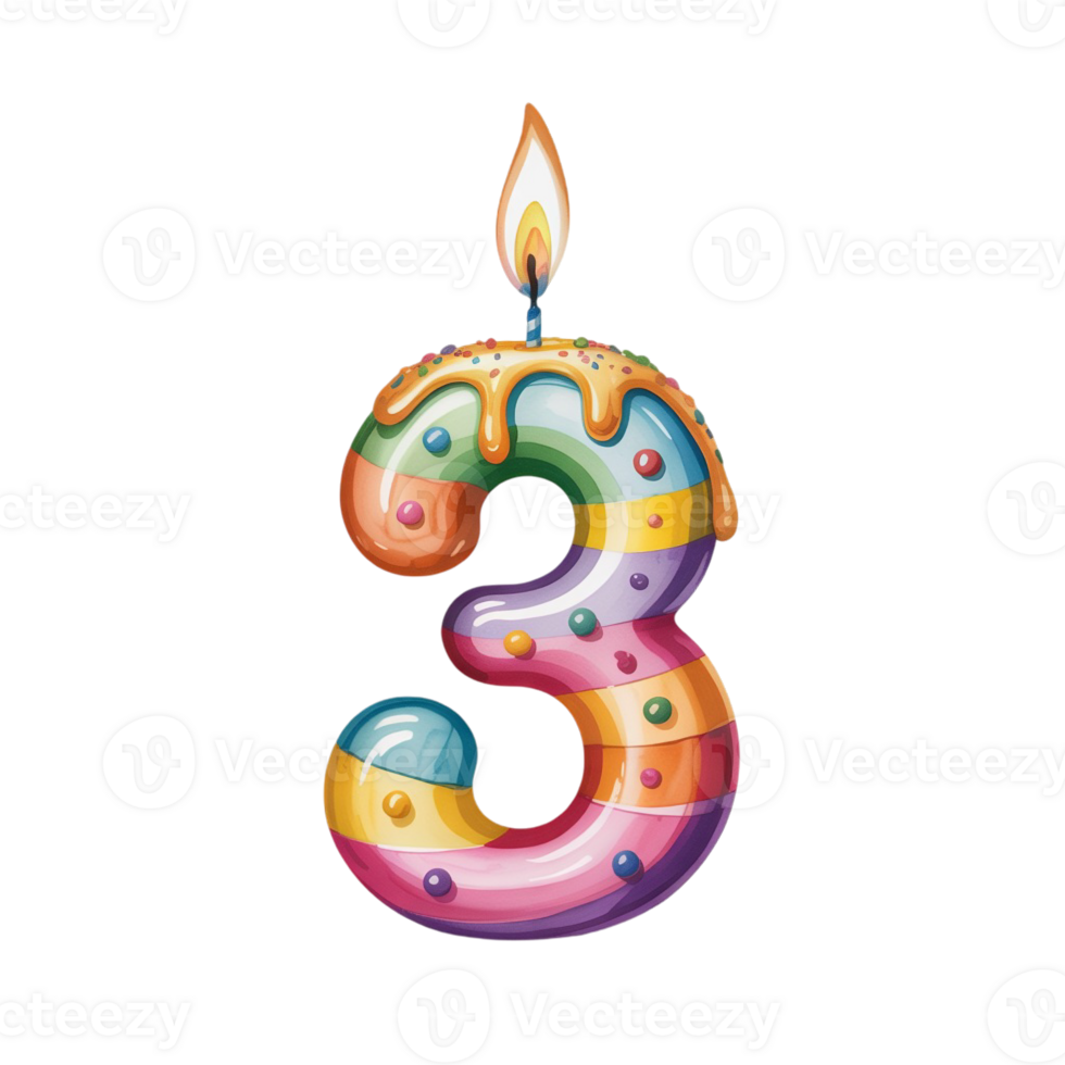 A colorful candle shaped like the number 3 is decorated with stripes and small spheres. cutouts png