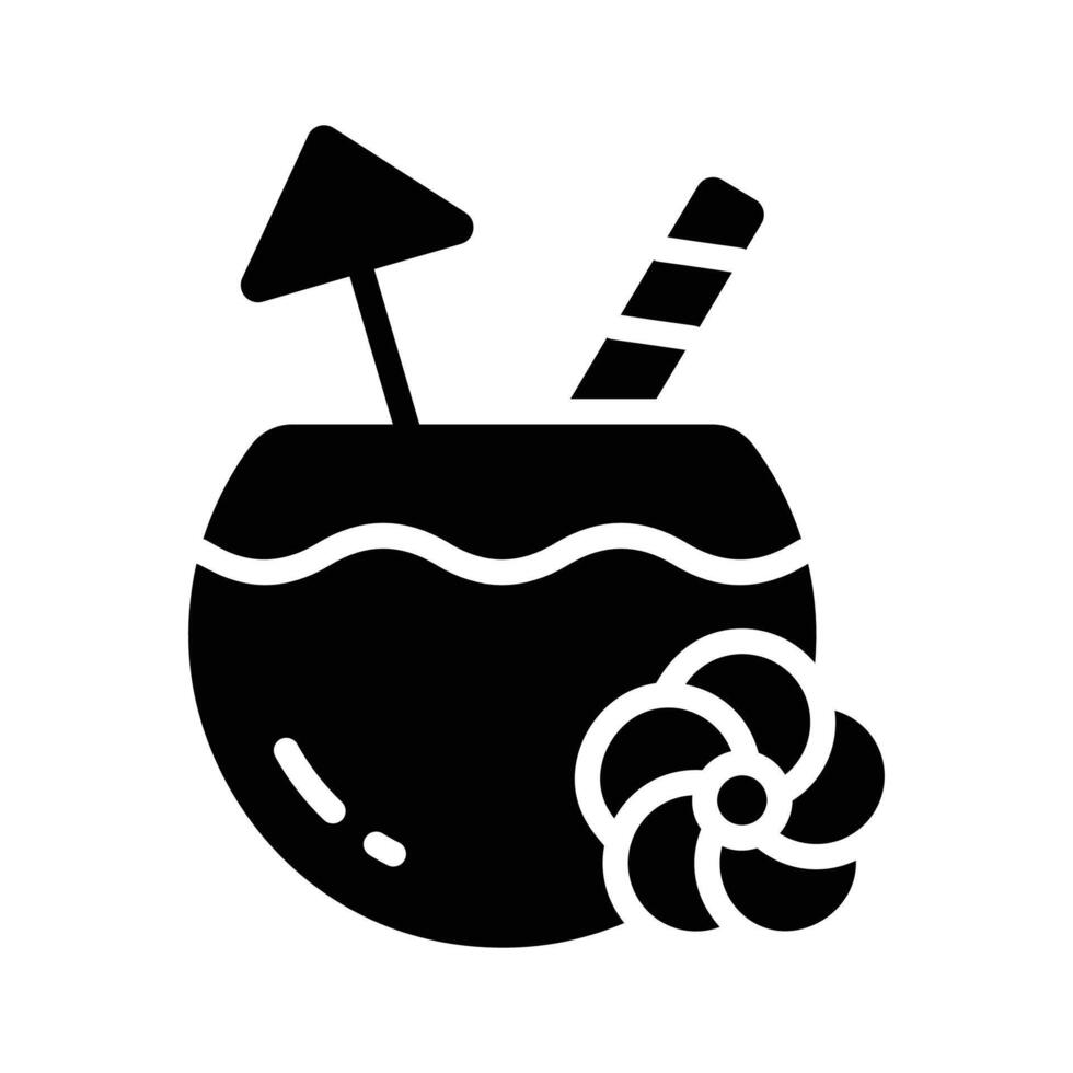 A glyph style icon showing coconut drink with straw vector