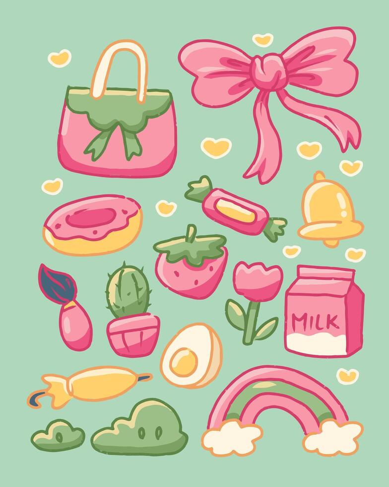 Colorfull Kawaii Stuff Sticker Pink Green vector