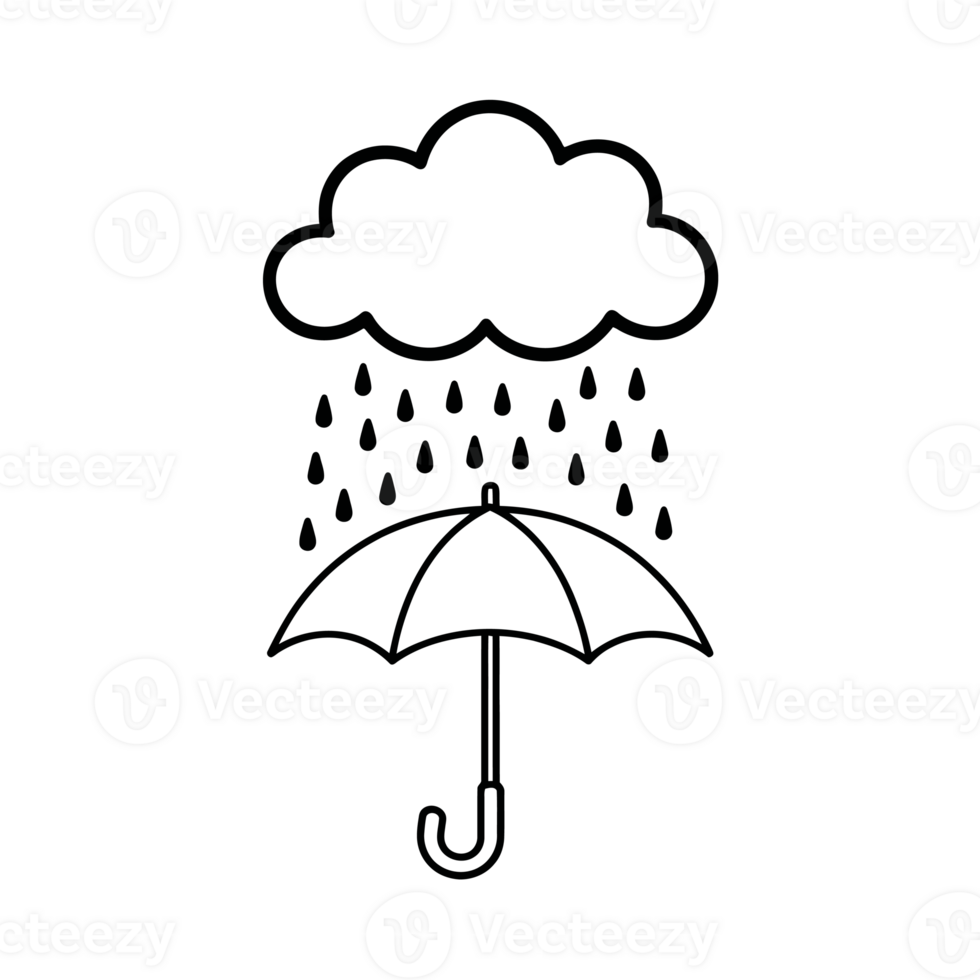 A simple black line drawing depicts a cloud raining over an open umbrella. cutouts png