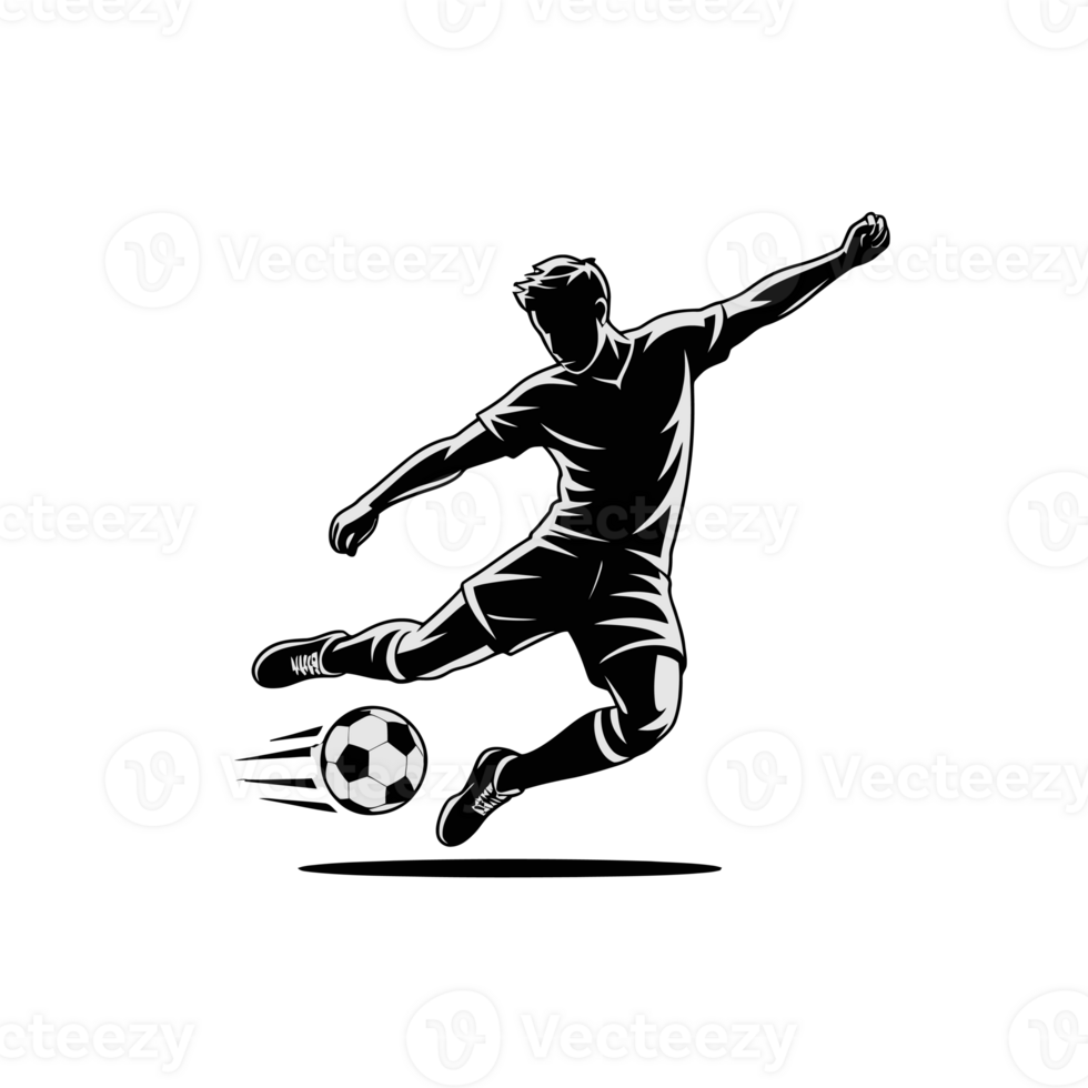 un dinámica negro ilustración capturas un fútbol jugador en aire como ellos ejecutar un poderoso patada hacia un fútbol. recortes png
