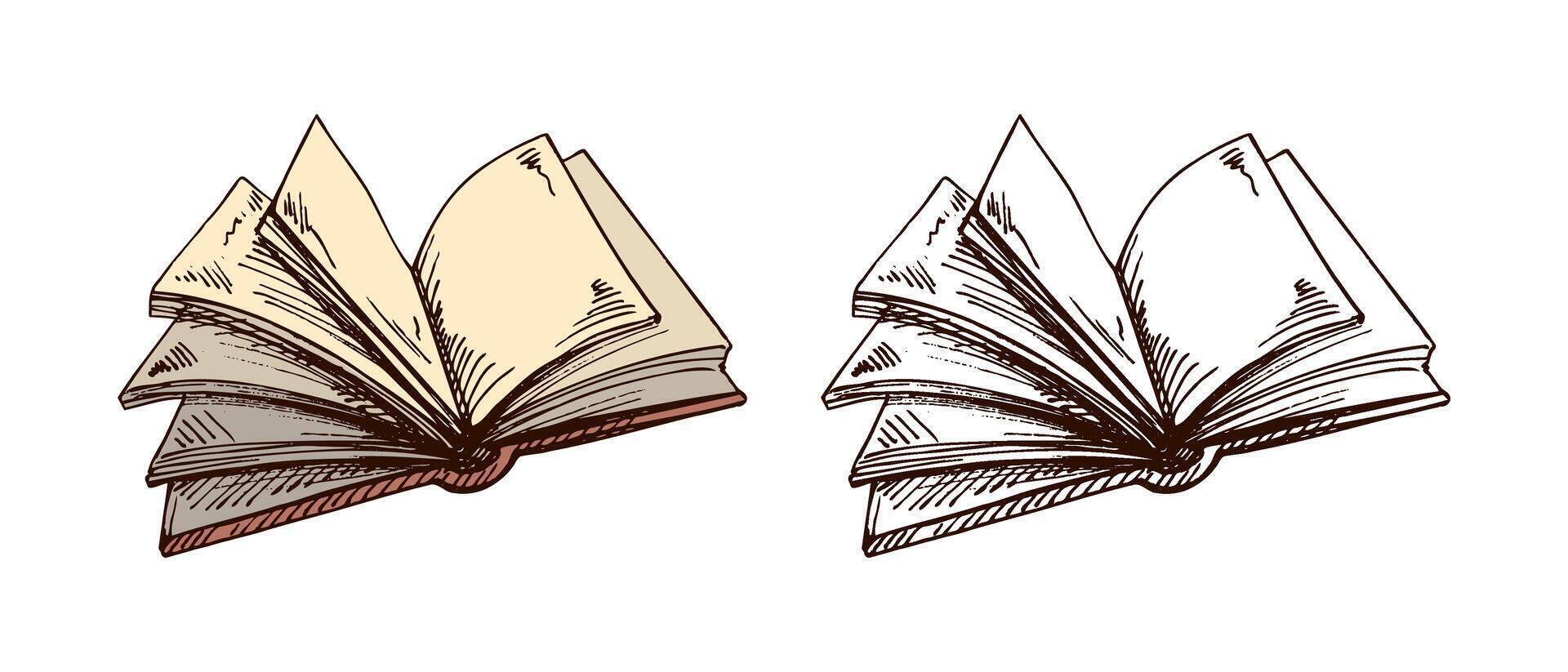 Hand drawn sketch of open book with flipping blank pages in brown ink, color and monochrome set vector