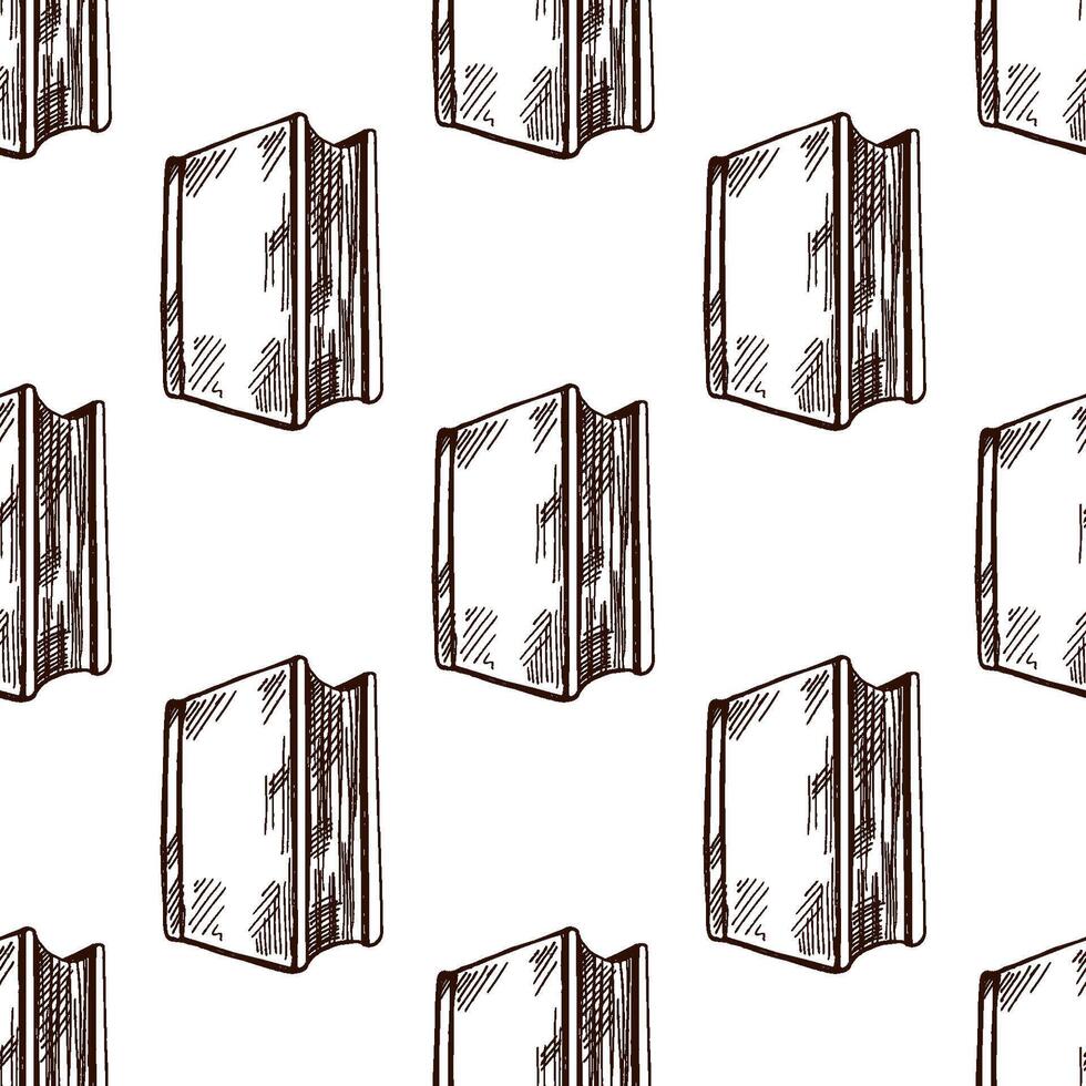 Seamless pattern with hand drawn vintage sketch of standing closed book in brown ink engraving style vector