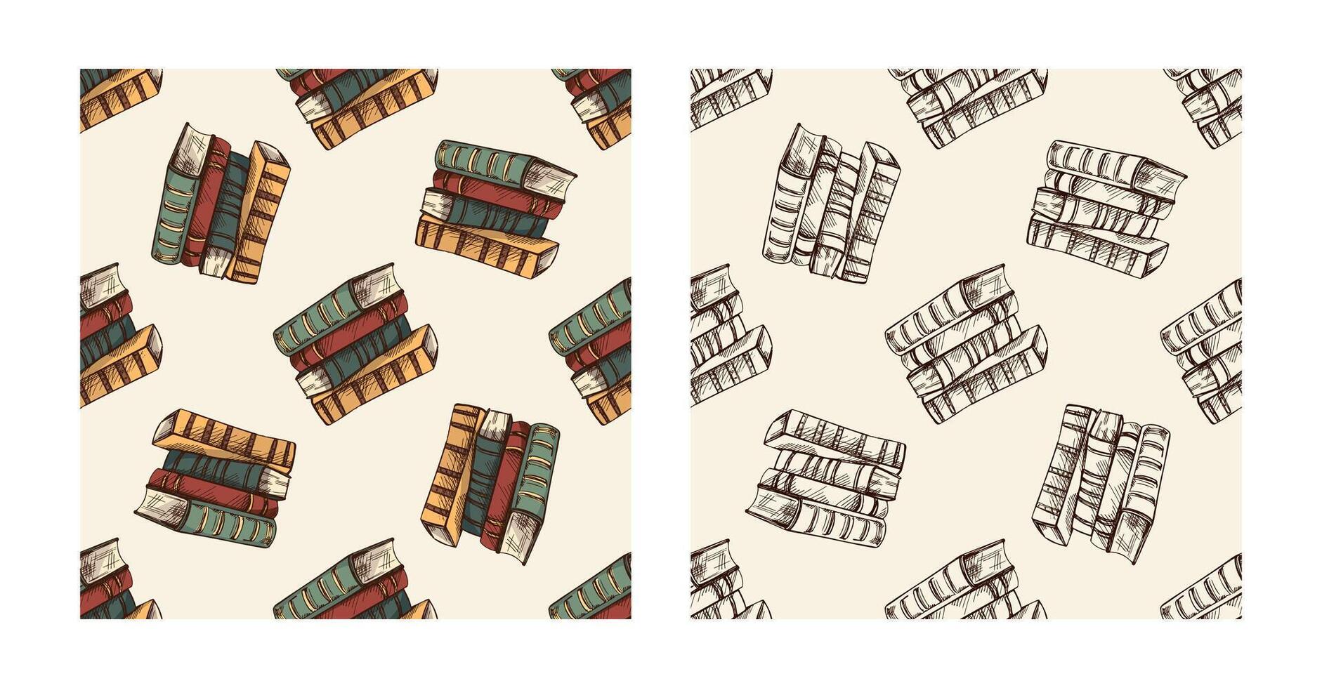 Hand drawn vintage seamless pattern set of stacked books in engraving style with colored and monochrome versions vector