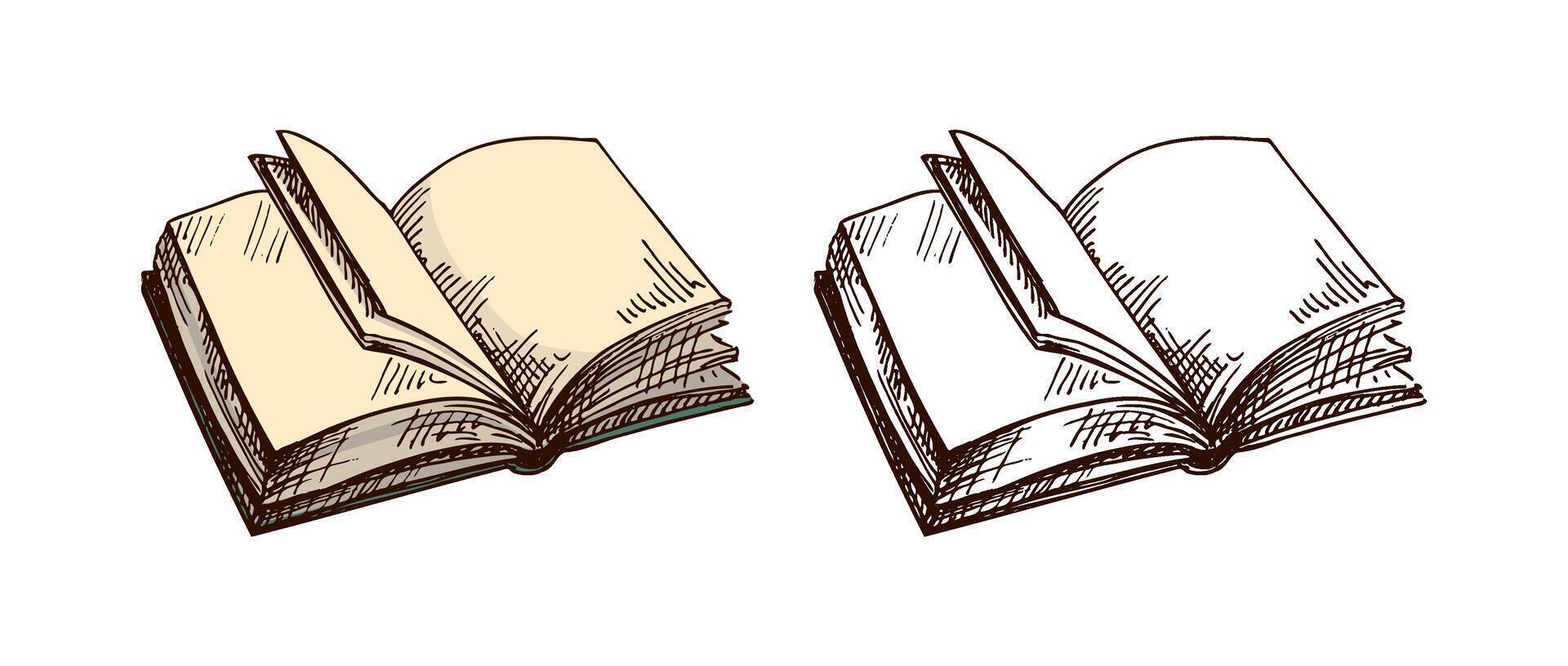 Hand-drawn vintage sketch of open book with flipping blank pages in brown ink, color and monochrome set vector